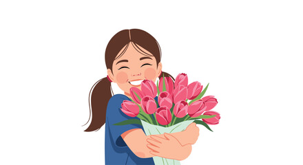 A happy young girl holding a bouquet of pink tulips.