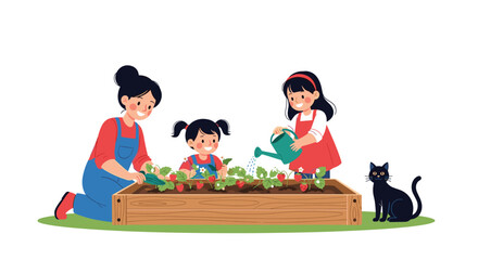 Family gardening together planting vegetables in a raised garden bed.