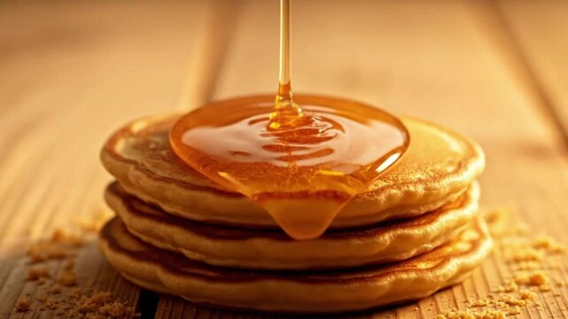 Maple syrup dripping slowly onto a stack of pancakes
