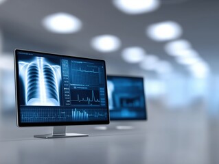 Fototapeta premium Medical imaging display showing detailed chest X-ray and vital signs data on a modern monitor in a clinical environment, emphasizing healthcare technology and diagnostics