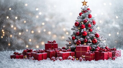 Obraz premium Festive Christmas Scene: A beautifully decorated tree adorned with ornaments and a star, surrounded by an array of wrapped gifts, creating a warm and enchanting atmosphere of the holiday season.