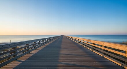 Explore the boardwalk: a scenic view of a wooden pier stretching into the ocean at sunrise light