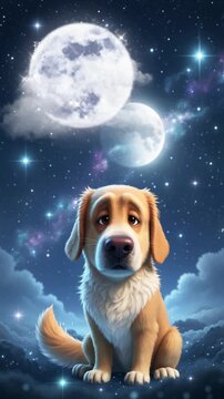 Whimsical Cartoon Dog Sitting Beneath a Starry Night Sky with Two Moons and Dreamy Clouds for Kid's Illustrations and Storytelling Concepts