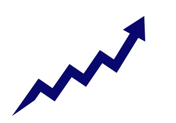 Blue jagged upward trending arrow representing growth and progress isolated on transparent background
