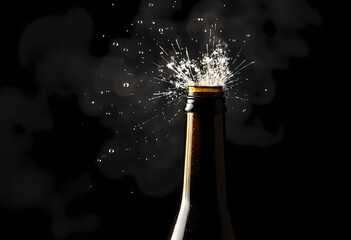 Sparkler igniting from brown bottle opening on dark background