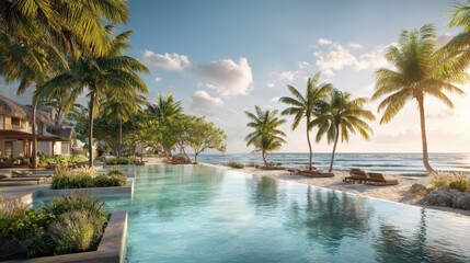 Gentle waves lap at the shore as palm trees sway in the evening breeze by a luxurious poolside.
