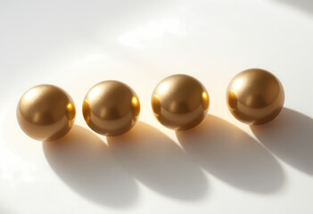 Four gold spheres with shadows on a white surface