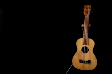 Obraz premium The ukulele guitar stands on a stand on a black background with a place for the text