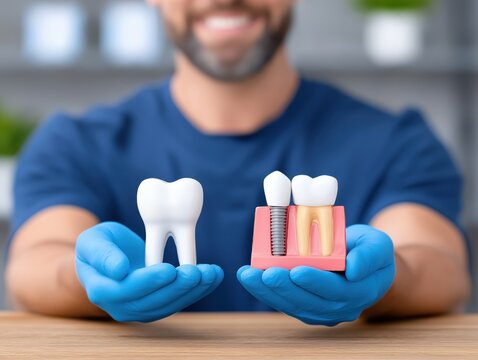 Male dental professional in blue gloves holds a model tooth and dental implant model, showcasing oral health education and dental care techniques for patients