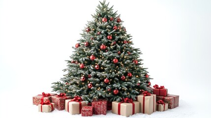 Festive Christmas Tree with Presents: A fully adorned Christmas tree, brimming with ornaments and twinkling lights, stands amidst a collection of wrapped gifts.