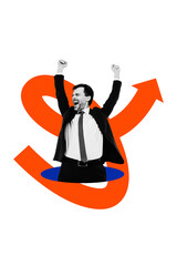 Vertical creative art collage of excited businessman receive arrow promotion development statistics...