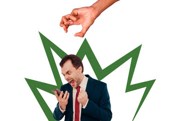 Composite artwork collage image picture of arrm elegant man scream smart phone isolated on creative...