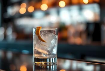 Drink glass with ice and orange peel on bar counter
