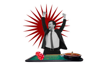 Composite photo collage of excited man casino game winner dice roulette combination victory lucky...