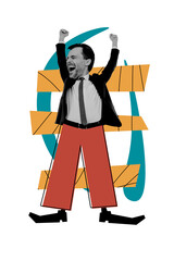 Creative trend collage of drawing doodle winning man raise fists entrepreneur company successful...