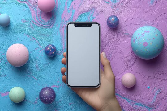 Hand holding smartphone against colorful background with decorative spherical elements