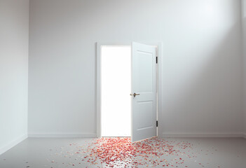Open door with bright light and red confetti in an empty room