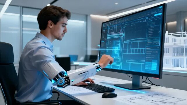Architect adjusting adaptive layouts using AIdriven software optimizing space and functionality for dynamic project needs.