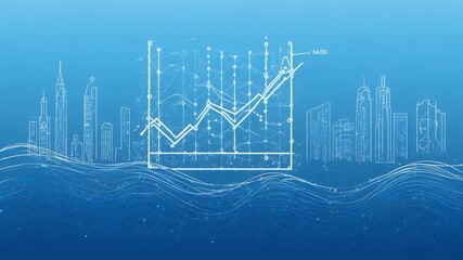 Blue background features a sketched cityscape with wavy lines and a data chart depicting market trends - Powered by Adobe