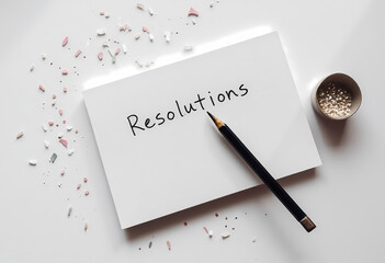Resolutions word written on white paper, pencil, container, shavings