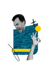 Vertical photo collage of bodyless scream angry boss head work problem burnout hand show okay...