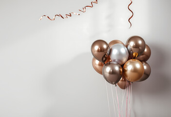 Metallic balloons in gold, silver, and brown against white wall