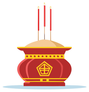 Traditional red Chinese incense burner with lit joss sticks for prayer worship and offerings vector illustration