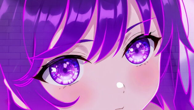 The face of an anime or manga girl with bright purple hair and large, glowing, detailed purple eyes