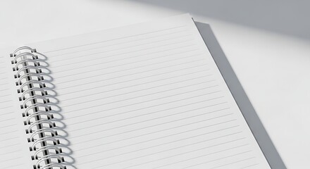 A close up shot of an open spiral notebook with lined paper on a white surface in bright studio light