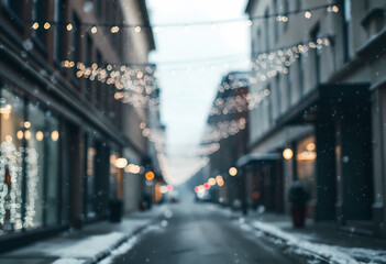 Snowy street with blurry decorative lights in an urban setting