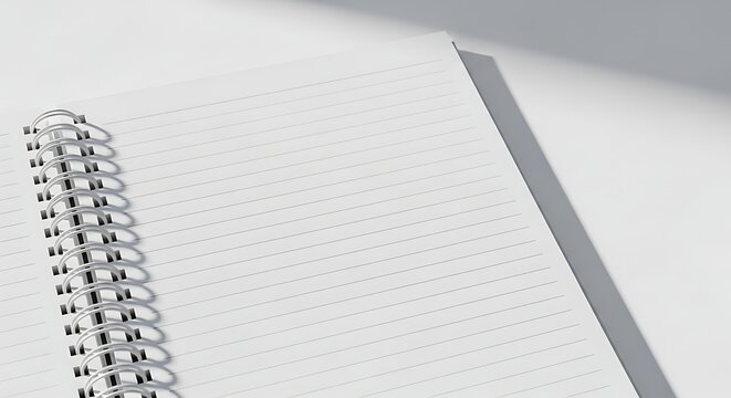 A close up shot of an open spiral notebook with lined paper on a white surface in bright studio light