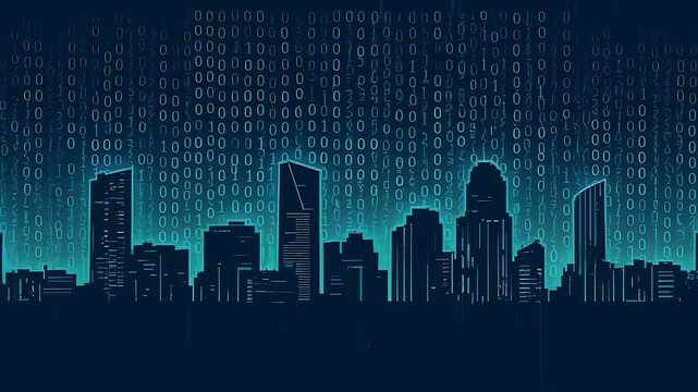 Skyline silhouette against falling numbers, in hues of teal, creating a digital rain, tech inspired backdrop - Powered by Adobe