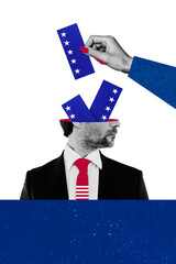Vertical photo collage of headless guy wear formal suit hand put ballot election process referendum...