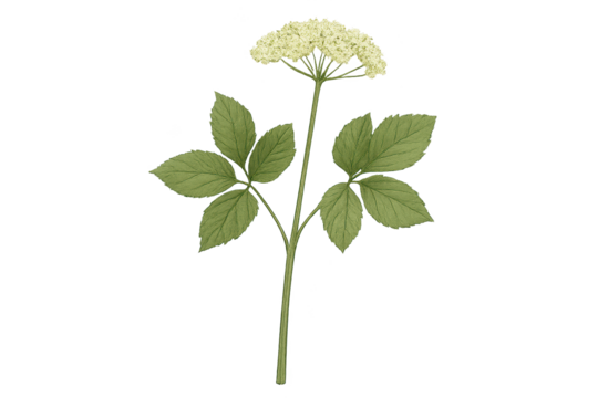White umbel flower on tall stem with three-part, serrated leaves, elderflower plant