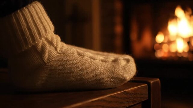 A cozy scene with a knitted white sock resting near a warm, glowing fireplace.