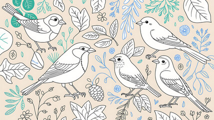 Obraz premium Hand drawn bird pattern with leaves and branches isolated on white background