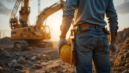 Construction Worker Holding Yellow Hard Hat Standing on Job Site with Large Excavator and Sunset Background for Concepts of Industry, Engineering, and Development