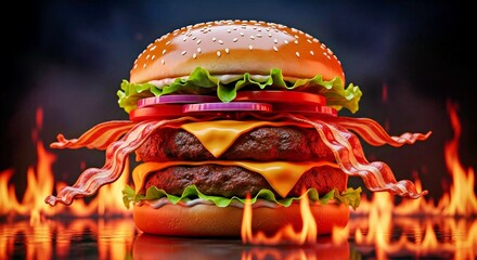 High-Quality Juicy Patty Burger with Intense Fire and Charcoal Grill