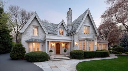 Elegant Stone Mansion Exterior Daytime With Warm Interior Lights Illuminated Creating A Welcoming Ambiance On A Clear Evening Sky