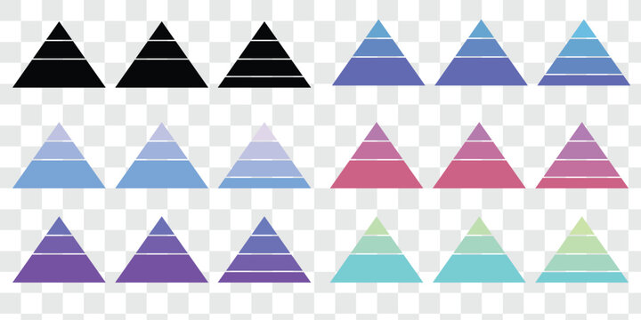 Levels of triangular pyramid. Half triangle pyramid chart. Maslow layer diagram. Development level infographic. Business graph. Vector illustration isolated on white background. 