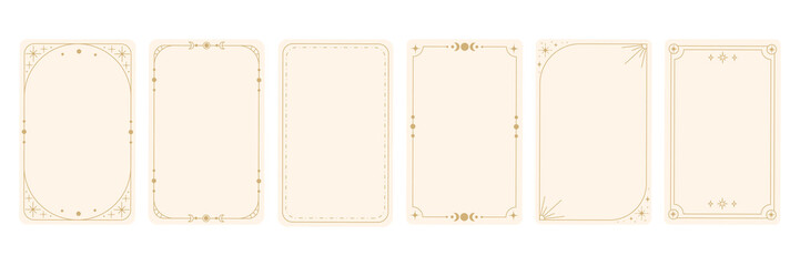 Plakat Boho Mystic Card Templates in line style. Bohemian frames and borders with stars, moons, and mystical symbols for invitations, tarot cards, spiritual branding, thank you notes, social media. Vector