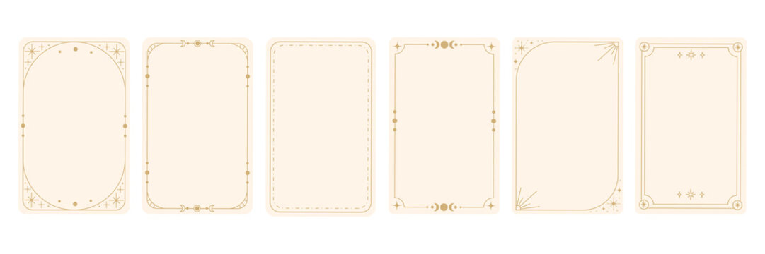 Boho Mystic Card Templates in line style. Bohemian frames and borders with stars, moons, and mystical symbols for invitations, tarot cards, spiritual branding, thank you notes, social media. Vector