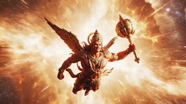 Mighty Winged Deity Soaring Through Fiery Celestial Energy with Divine Mace