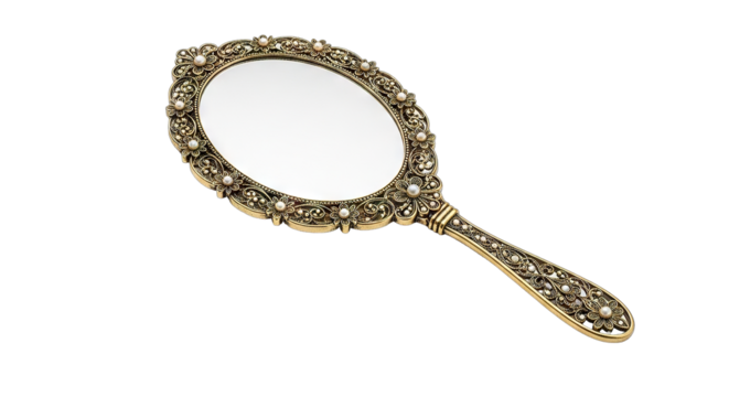 Vintage Hand Mirror with Ornate Pearl Embellishments.