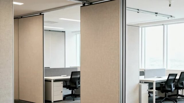 Medium shot capturing the setup of movable soundproof partitions in an openplan area creating private noisecontrolled zones within the larger space