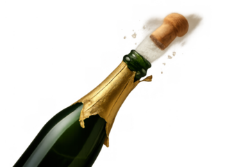 Champagne bottle cork popping with sparkling wine exploding, celebrating new year and special occasions on transparent background