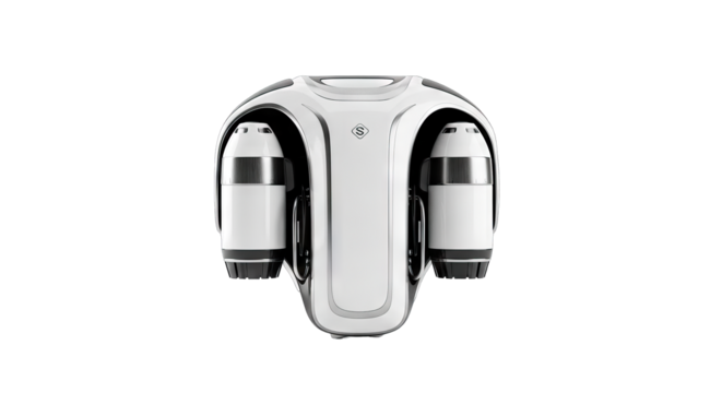 Futuristic personal jetpack flight device isolated on white background.