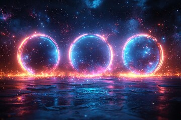 Futuristic glowing blue circular holograms in a dark digital background