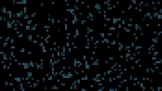 Animation minimalist abstract pattern of blue glowing circles scattered on a black background. visual digital art motion.