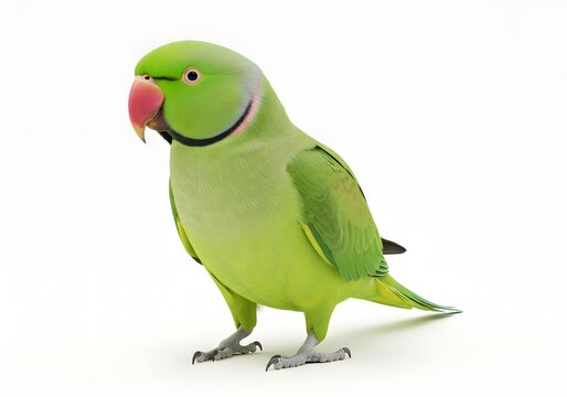 A vibrant green indian ringneck parrot with a pink beak stands on its feet, isolated on a clean white background, showcasing its bright plumage and distinct black neck ring